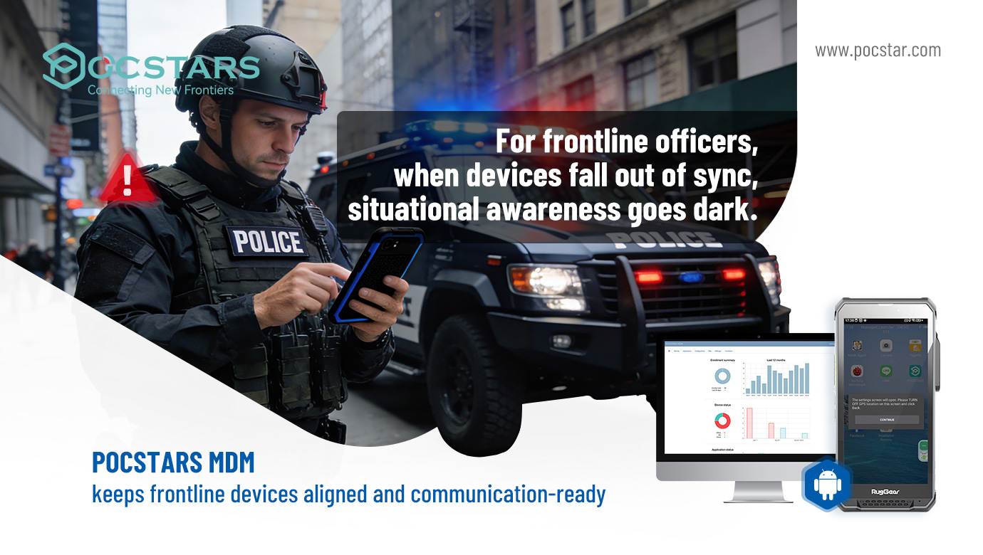 Public Safety: Keep Frontline Devices Aligned with POCSTARS MDM Public safety officer holding a rugged device with an alert icon, representing device drift risk and frontline readiness