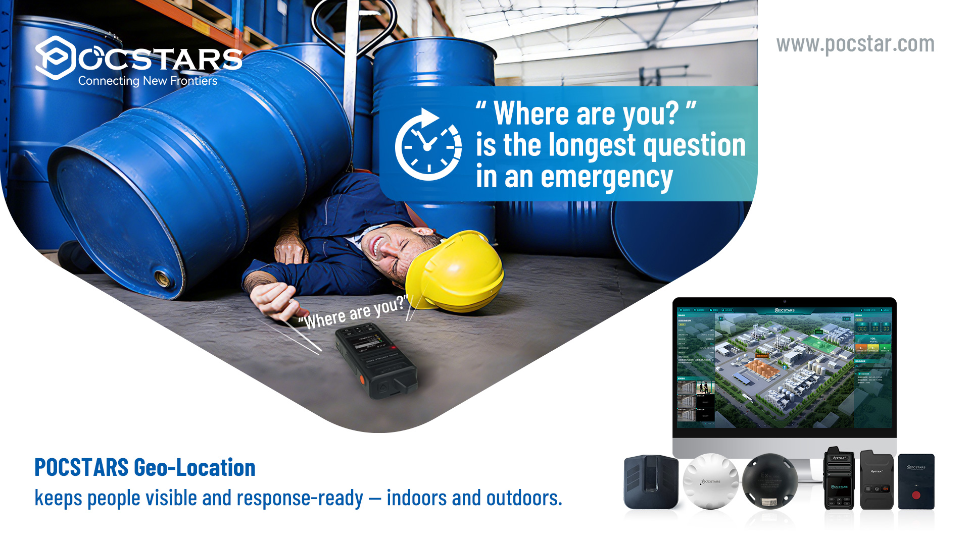 Control-room style safety poster featuring the line “Where are you?” and a people-safety location message for indoor and outdoor sites.